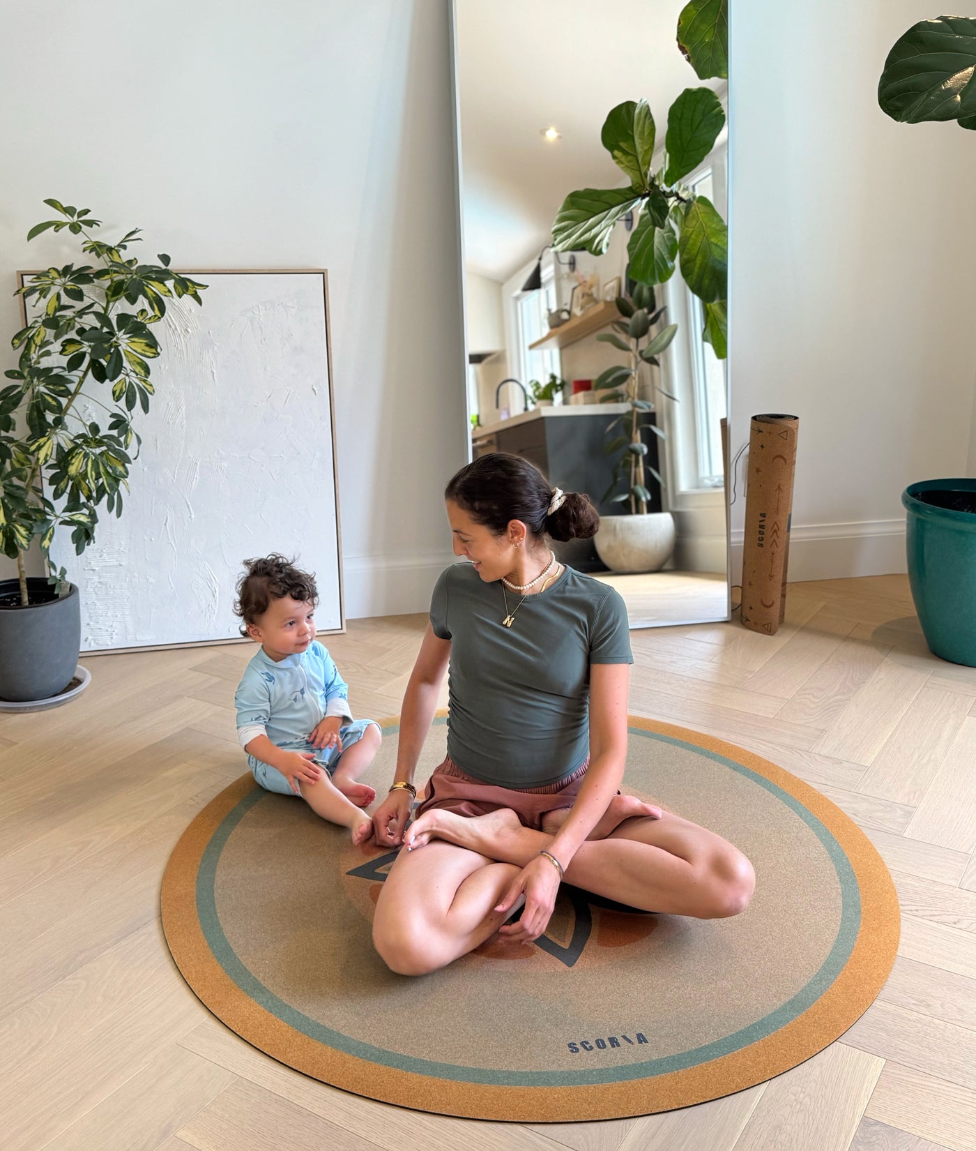 Blue Petals Round Cork Yoga Mat | Multi-use | 53" dia