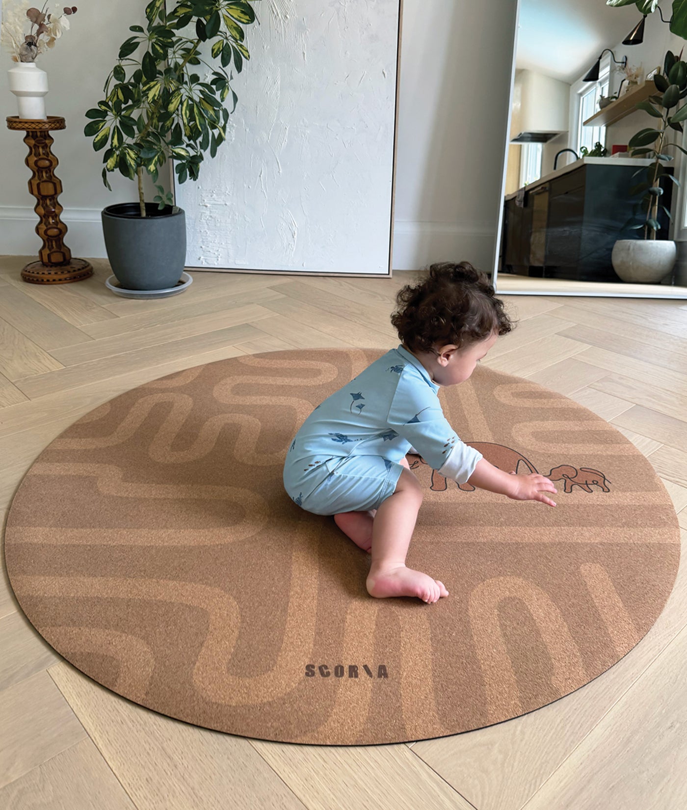 Elephant Walk Round Baby Mat - Cork Yoga Mat | Play & Stretch | 47" dia