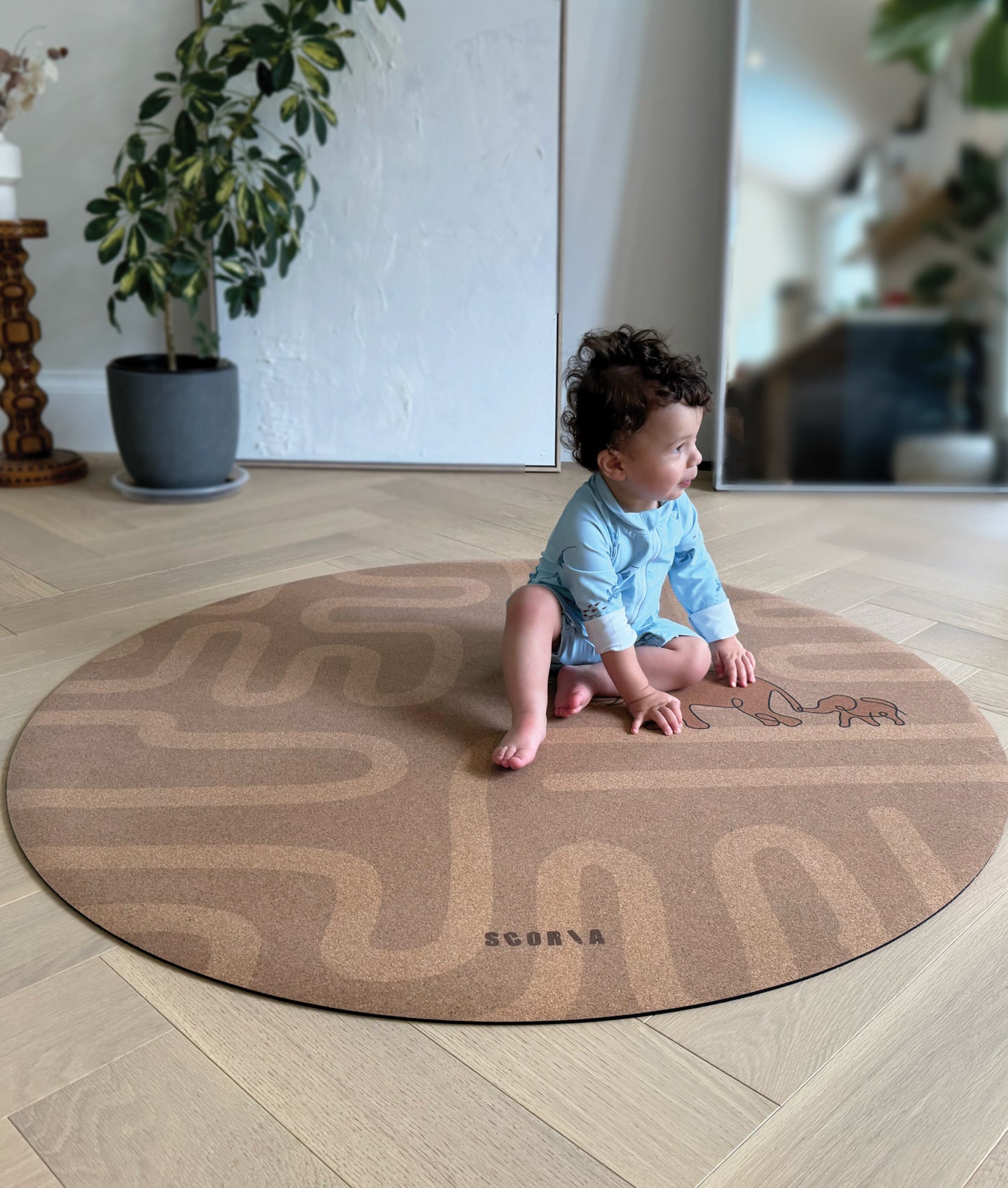 Elephant Walk Round Baby Mat - Cork Yoga Mat | Play & Stretch | 47" dia