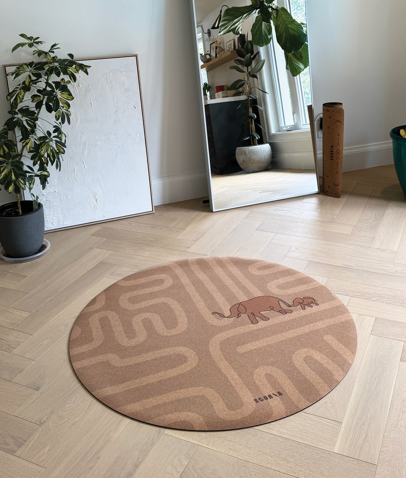 Elephant Walk Round Baby Mat - Cork Yoga Mat | Play & Stretch | 47" dia