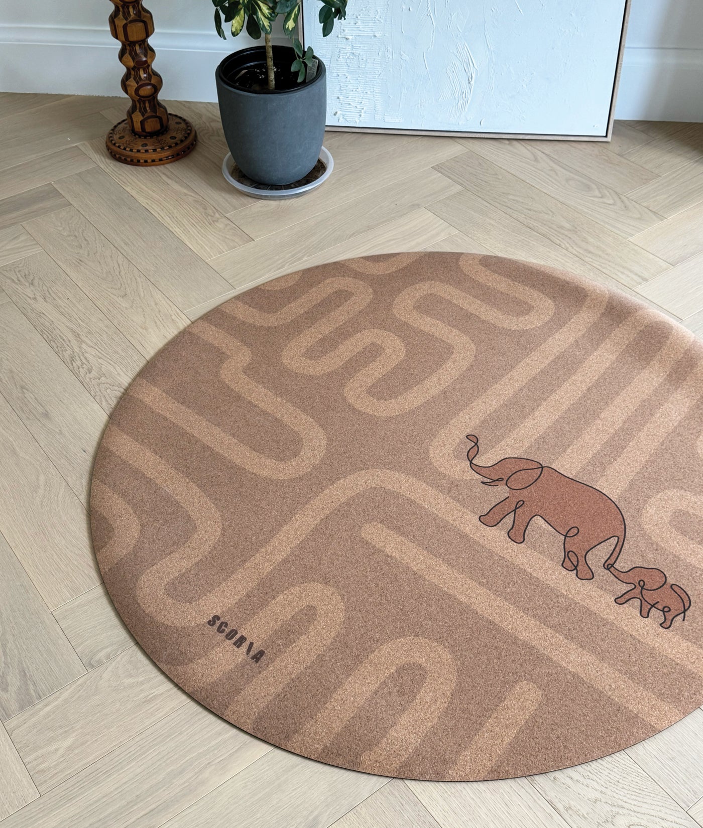 Elephant Walk Round Baby Mat - Cork Yoga Mat | Play & Stretch | 47" dia