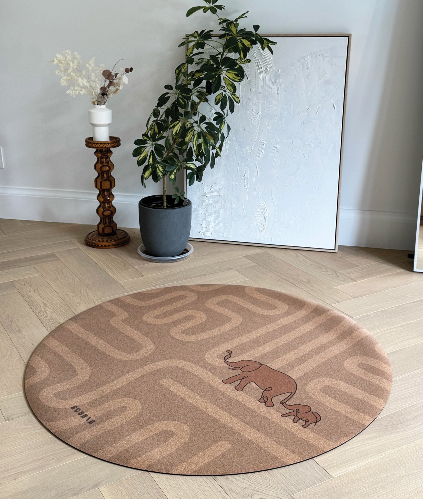 Elephant Walk Round Baby Mat - Cork Yoga Mat | Play & Stretch | 47" dia