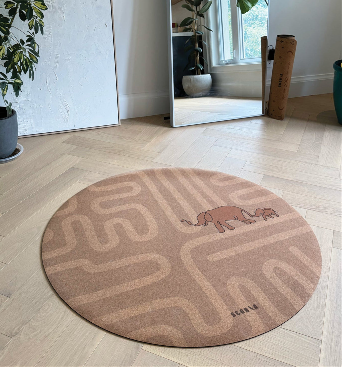 Elephant Walk Round Baby Mat - Cork Yoga Mat | Play & Stretch | 47" dia
