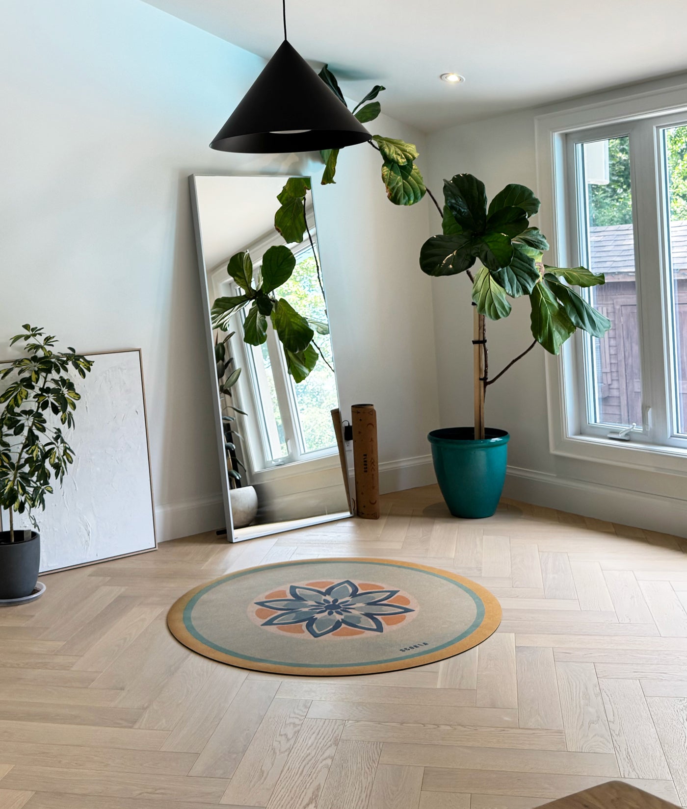 Blue Petals Round Cork Yoga Mat | Multi-use | 53" dia