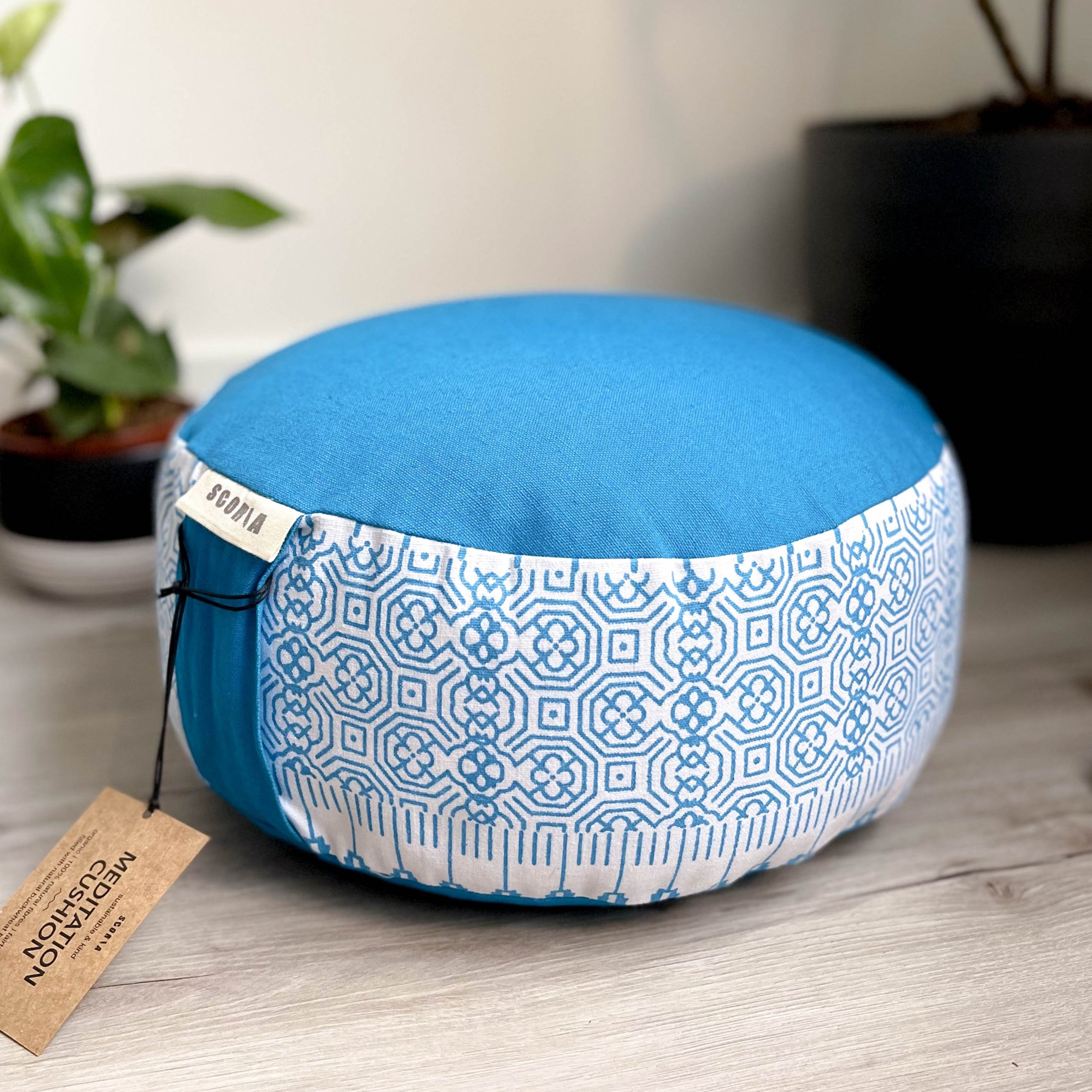 Round Natural Meditation Cushion  Ocean Blue Print– Scoria World